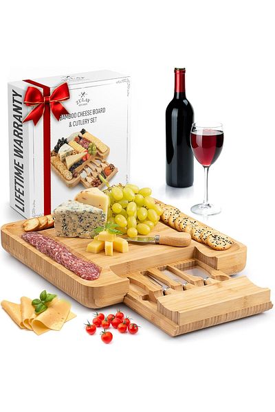 fulina Bamboo Cheese Board and 4 Stainless Steel Flatware Sets,with Slide-Out Drawer,for Wedding Birthday