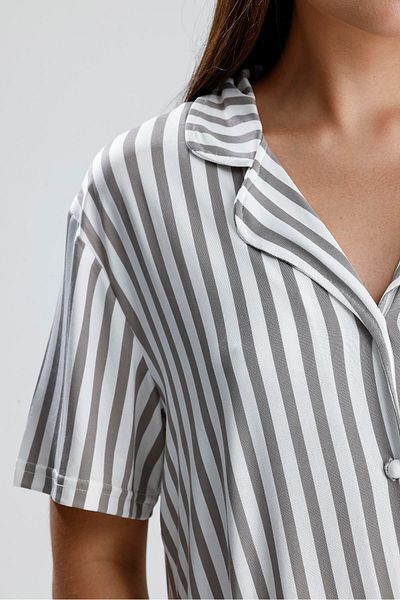 LİRONA Gray Striped Short Sleeve Women's Pajama Set |   2072176506