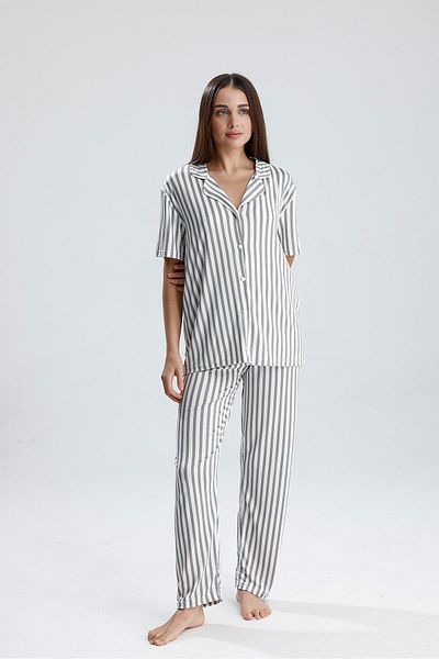 LİRONA Gray Striped Short Sleeve Women's Pajama Set |   2072176506