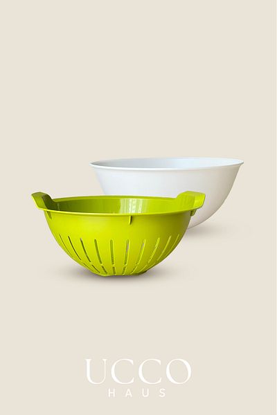 UCCO Set of 2 Green Bowl Strainers, 3 Liter Multi-Purpose Vegetable and Fruit Washing, Straining and Bowl Set