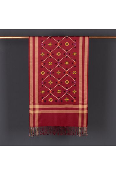 ipekevi Burgundy Kilim Patterned Cross Stitch Prime Silk Shawl