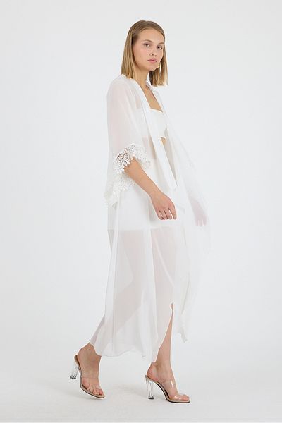 Laranor White Shawl Collar Sleeve Tip Guipure Detailflounce Sleeve Chiffon Maxi Kimono Kaftan Beach Wear 25L8113
