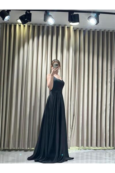 Kaleiçi Yıldızlar Siyah Yeni Sezon Saten Abiye 5604