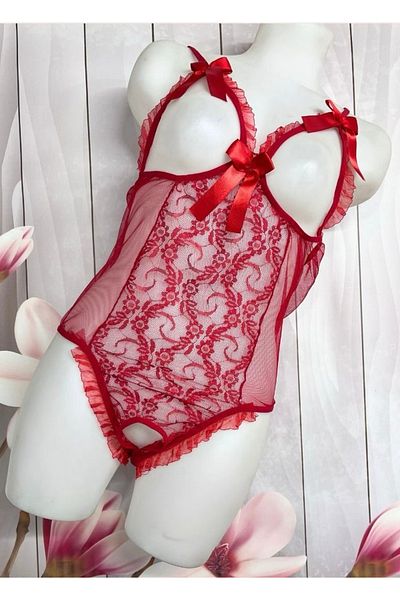 Cicişim Red Lace Bow Lingerie Nightwear Babydoll