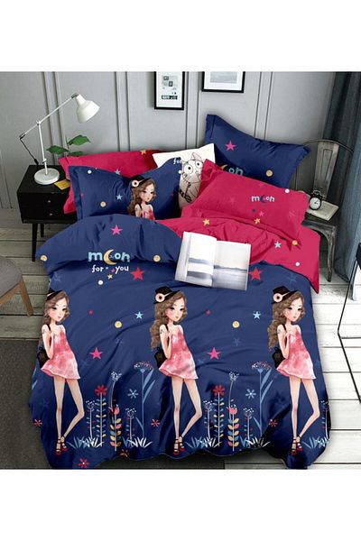 trendyhome Bed linen 2 persons, 6 pieces, Fine cotton, Girls, Navy blue/Red, J2704