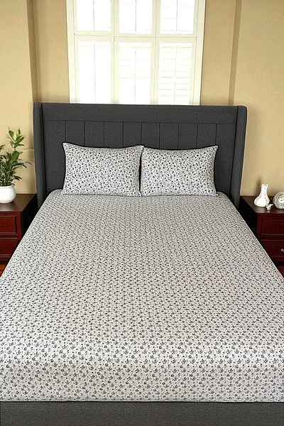 MixCotten Home Cotton Poplin Fabric Tiny Floral Elastic Double Bed Sheet + 2 Pillows 160X200 cm and 50X70 cm