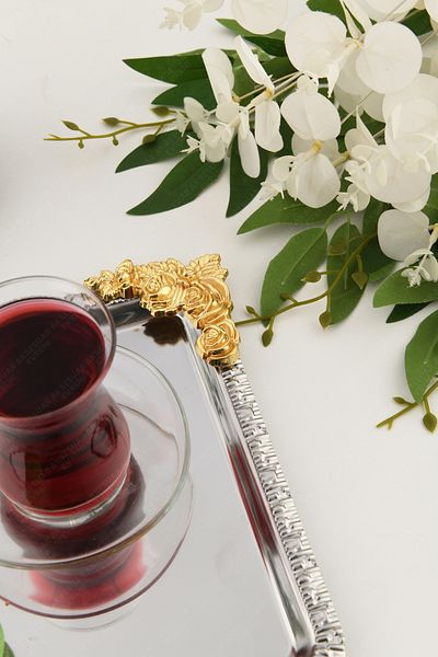 AKSESUAR EVRENİ Sole Silver Gold Flower Patterned Stainless Decorative Square Presentation Tray