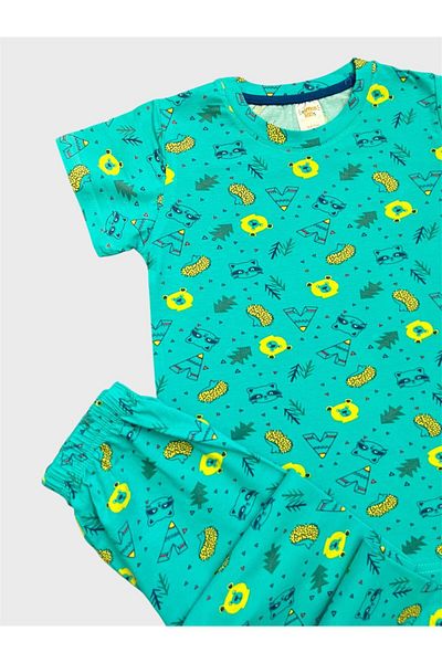elmas kids Boys' 100% Cotton Green Teddy Bear Patterned Short Sleeve Summer Pajama Set