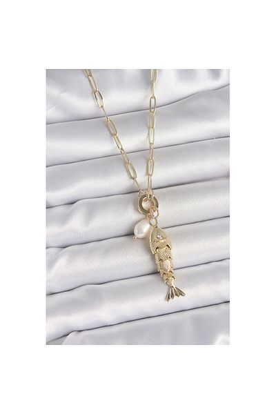 Skygo Gold Color Brass Necklace with Pearl Detail and Zircon Stone Fish Figure - Tj-Bko10214