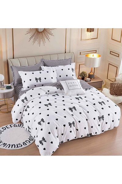 trendyhome Double Bed Linen, 6 Pieces, Fine Cotton, Bows, White/Black, J244044