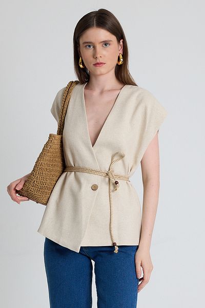 Rays Natural Straw Belted V-Neck Short Sleeve Jacket Vest 2378
