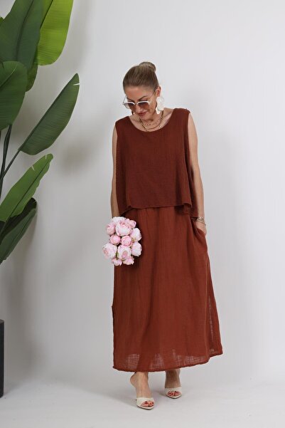 MİSLİNA BUTİK İthal File Detay Sıfır Kol Tarçın Keten Elbise