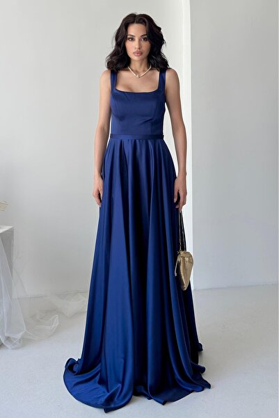 Serica Moda Βραδινό φόρεμα σατέν με λουράκι με τετράγωνο γιακά Navy Blue