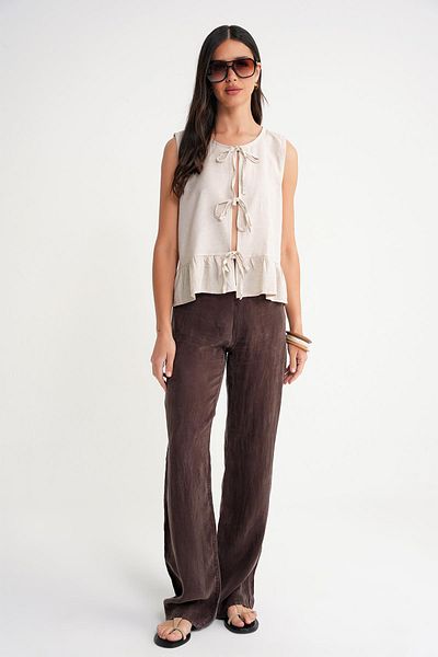 Mixray 4717 Women's Front Lace Ruffle Sleeveless Linen Blouse Natural