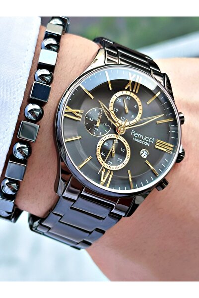Ferrucci FERRUCCİ FUNCTION GOLD RAKAMLI SİYAH KADRANLI TAKVİMLİ SİYAH METAL ERKEK KOL SAATİ