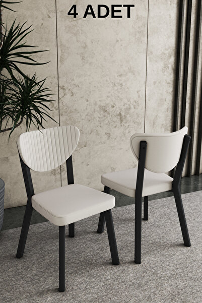DEREN HOME Elma Serisi 4 Adet Krem Silinebilir Kumaş Mutfak Salon Cafe Sandalyesi