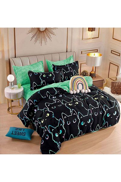 trendyhome Double Bed Linen, 6 Pieces, Fine Cotton, Kittens, Green/Black, J244040