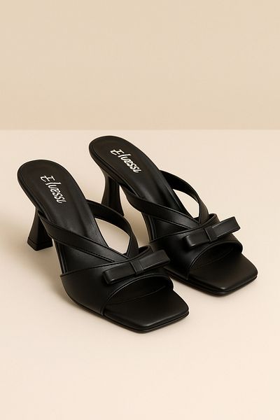 Elvessa Women's Black Skin 5 cm Thin Heeled Slippers, Stylish Model with Bow Detail