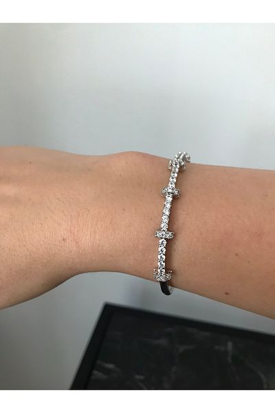 shop Stainless Steel Silver Color Shiny Stone Brand Handcuff Bracelet