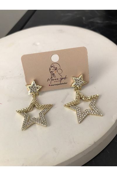 shop Stainless Steel Gold Color Shiny Stone Star Detail Hanging Earrings