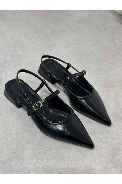 ERVANIN BUTİĞİ Black Skin (Alina) Women's Ballerinas with Belt Detail