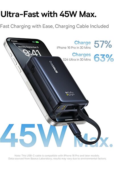 Baseus 10,000mAh Fast Charging Power Bank, 45W USB-C Cable, LED Display, 45W PD, 22.5W QC 3.0, for i