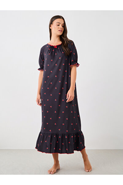 Styli Cherry Print Ruffle Edge Sleeves Nightdress with Gathered Neck