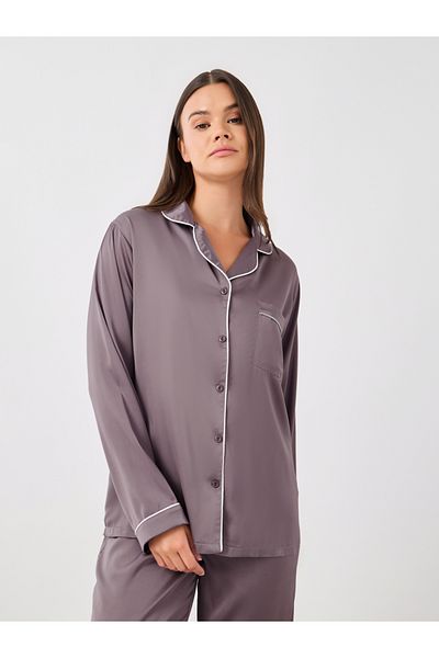 Styli Piped Detail Matte Satin Long Sleeve Pocket Shirt and Pyjama Set