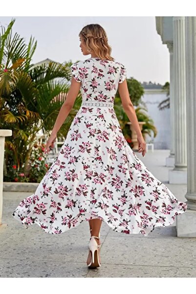 JANES Γυναικείο καλοκαιρινό φόρεμα με λουλουδάτο μοτίβο με λαιμόκοψη V με κοντό μανίκι με μονόχρωμο ύφασμα μπροστά κοντό πίσω μακρύ