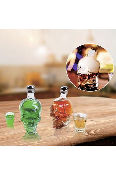 PUFO bottle with skull-shaped stopper, for drinks, 50 ml, transparent