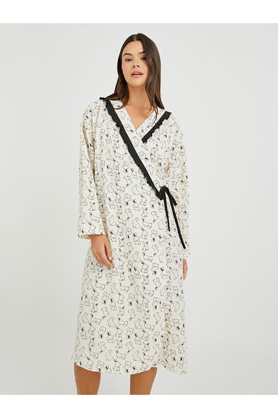Styli All-Over Print Tie-Up Ruffled Detail Robe
