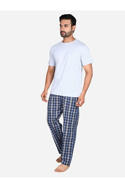 Victor and Jane By Styli Solid Short Sleeve T-Shirt and Checked Pyjama Set