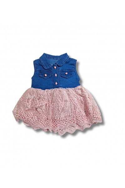 LOLİPOP Rochie de bebeluși din denim cu mânecă scurtă și fustă roz din tul (6-18 luni)