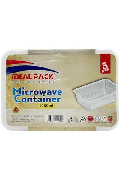 Ideal Pack Microwave-Safe Square Food Containers with Lids – 1000 ml | 5 Pack | Reusable, BPA-Free