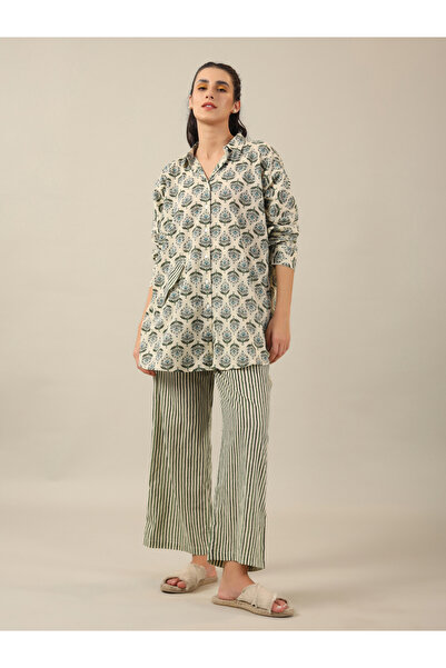Sanskrutihomes By Styli Women Green Ethnic Motifs Printed Cotton Shirt and Py...