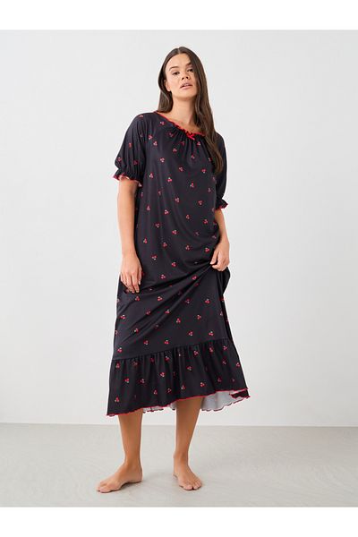 Styli Cherry Print Ruffle Edge Sleeves Nightdress with Gathered Neck