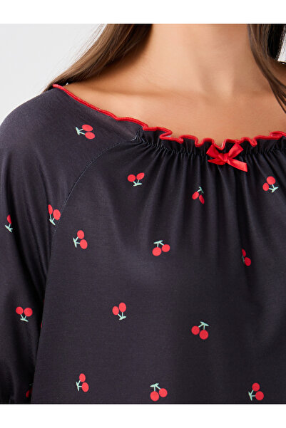 Styli Cherry Print Ruffle Edge Sleeves Nightdress with Gathered Neck