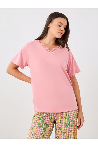 Styli Lace Insert V Neck T-Shirt and Lemon Print Pyjama Set