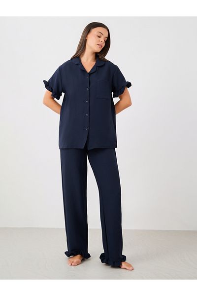 Styli Waffle Textured Ruffled Detail Shirt and Pyjama Set