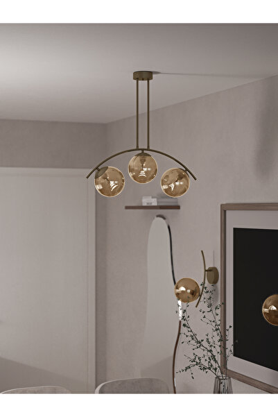 avizade LAL Yay Formlu Şık 3’lü Avize | Eskitme Gövde ve Bal Cam Küre – Moder...