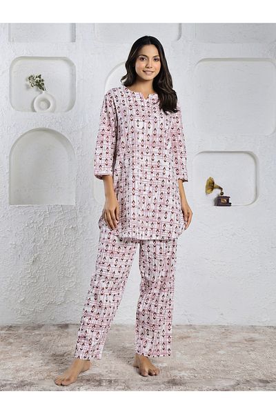 Sanskrutihomes By Styli Women Pink All-Over Printed Pure Cotton Top and Pyjama Set