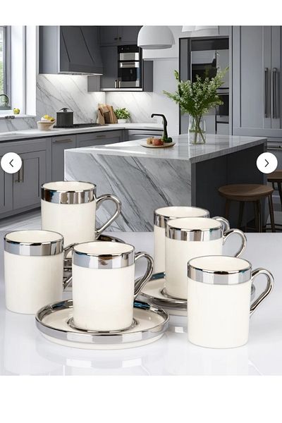 PONCİKPAZAR Silver Gilded Porcelain Cup Set for 6 People 12 Piece Turkish Coffee Set Coffee Cup 100 ml