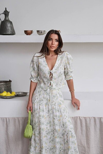 Lusin Women's Green Premium Quality Patterned Kimono Blouse Lined Skirt Bottom Top Double Set