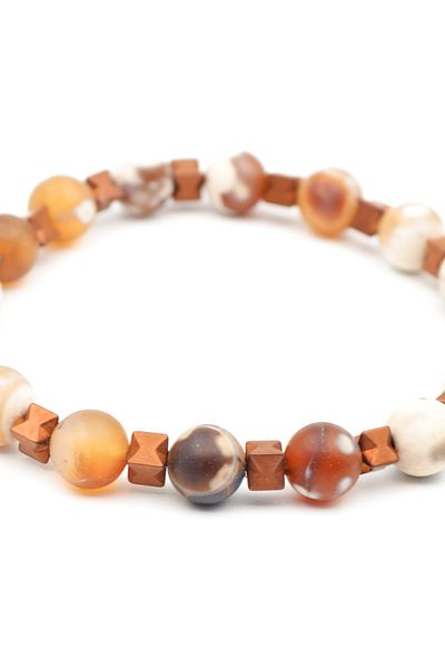 Bu Farklı Earth Tones Natural Agate Stone Bracelet - Cube Hematite Detailed - Women's Men's Bracelet