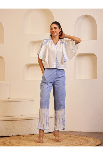 Sanskrutihomes By Styli Women Blue Tie and Dye Print V Neck Cotton Top and Pyjama Set