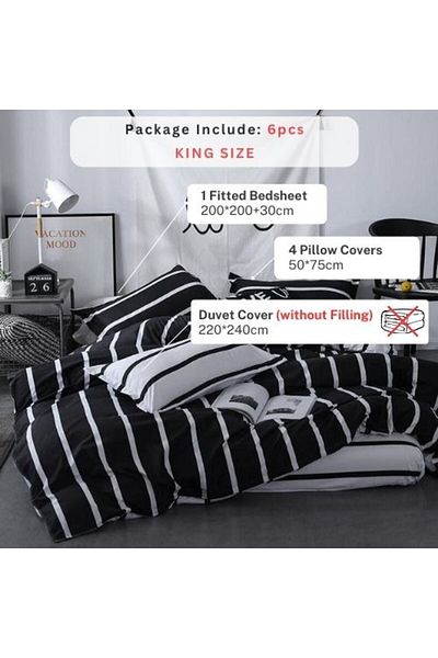 LUNA HOME مقاس كينج 6 قطع بدون حشو، تصميم مخطط باللونين الأبيض والأسود.