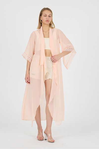 Laranor Salmon Shawl Collar Sleeve Tip Guipure Detailflange Sleeve Chiffon Maxi Kimono Kaftan Beach Wear 25L8114