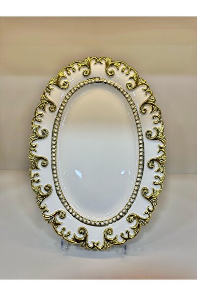 Litya Home PORSELEN OVAL DÜZ GOLD/ALTIN YALDIZLI BEYAZ SUNUM TABAĞI MODERN LÜKS SERVİS