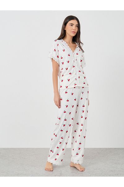 Styli Cherry Print V Neck T-Shirt and Pyjama Set