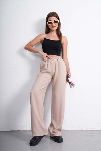 Gülmude Φαρδύ ύφασμα με ελαστική μέση casual ψηλόμεσο παντελόνι